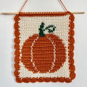 Könnte beinhalten: Ein rechteckiger Wandbehang aus Häkelarbeit mit einem zentralen orangefarbenen Kürbis, einem grünen Stiel und weißen Akzentlinien. Das Stück ist mit einem orangefarbenen Muschelrand auf cremefarbenem Grund versehen und hängt an einem Holzstab.