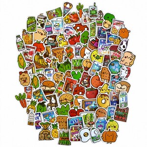 May include: A selection of food-themed stickers, featuring cartoon illustrations of various items. The stickers include images of fruit, vegetables, and packaged snacks. The stickers are arranged in a circular pattern against a white background. The stickers are in a variety of bright colours.