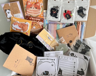 Cat Stationery Box | Cute Stationery (28 Items) | Stickers | Memo Pads | Phone Accessories | Pens | Highlighters | Sticky Notes