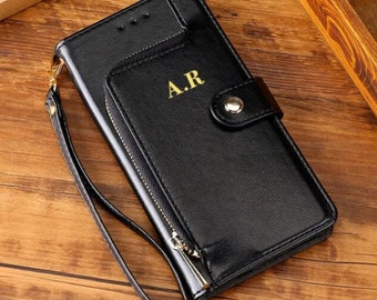 Bag Flap Wallet Leather Phone Case Cardholder with Zipper. Custom Name with Gold Hot Stamped Initials for iPhone 15 14 13 12 11 Pro Max