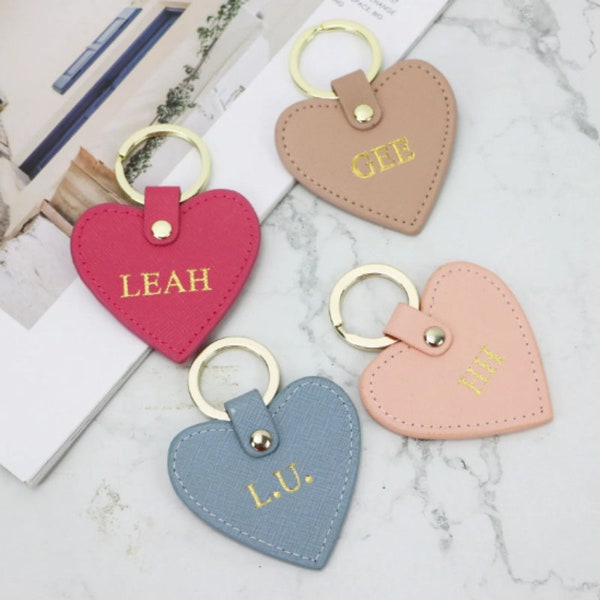 Personalized Heart Shape Leather Keychain, Custom Keychain, Monogrammed Leather Keychain with Gold Hot Stamping