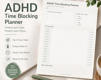 ADHD Time Blocking Planner Printable | Hourly Schedule, Focus Tasks | Neurodivergent Daily Planner Download