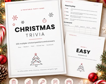 Jeu de questions-réponses de Noël pour adultes, 100 questions avec réponses, jeu imprimable pour les fêtes de bureau, quiz de Noël en famille, films et traditions