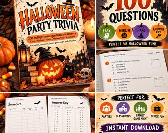 Halloween Trivia Game, 100 Questions and Answers, Printable Halloween Party Game for Adults and Kids, Family Game Night, Classroom, Office