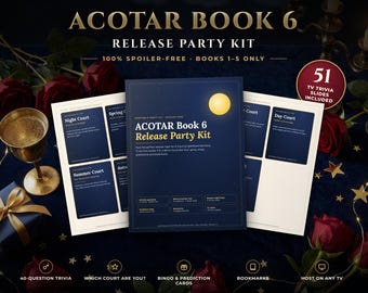 Peut inclure: Un kit de fête de sortie imprimable pour le livre 6 d'ACOTAR avec une couverture bleu foncé et un graphique de lune jaune. Le kit comprend des cartes de trivia, de bingo et de prédictions, incluant 51 diapositives de trivia TV.