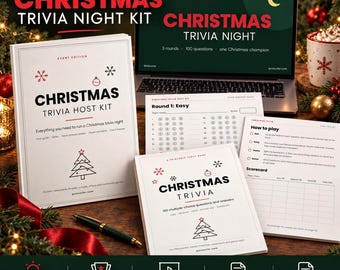 Kit pour une soirée quiz de Noël : 100 questions, diapositives et feuilles de réponses pour les équipes. Jeu idéal pour les fêtes de bureau. Licence pour événements dans les églises, bibliothèques et bars.