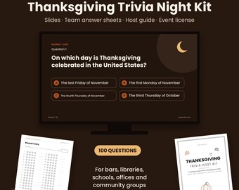 Thanksgiving Trivia Night Kit, 100 Questions, Slides and Team Answer Sheets, Event License for Library, Church, Office, Bar, Friendsgiving