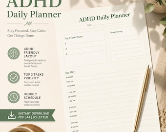 ADHD Daily Planner Printable | Time Blocking, Brain Dump, Evening Reflection | Neurodivergent Productivity Download
