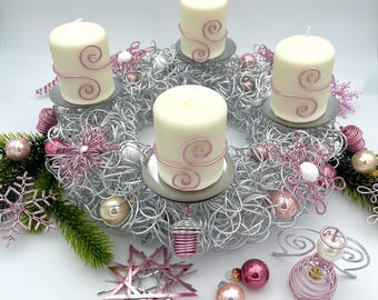 Advent wreath with LED lights, color silver-pink
