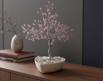 Handmade wire tree with pink beads in a decorative bowl – Bonsai Tree of Life made of aluminum wire – Modern table decoration & gift idea