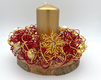 Advent wreath with LED string lights, red and gold color