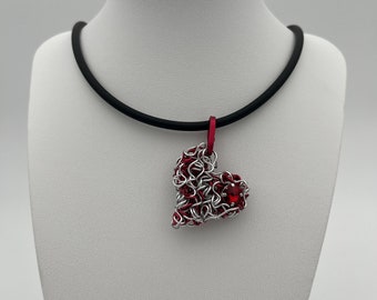 Curly Heart Necklace, Silver and Red, with Original Swarovski Red Stone