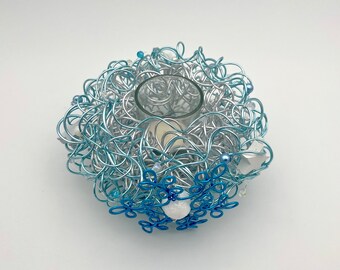 Tealight holder Christmas decoration, color ice blue-silver
