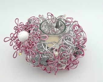 Tealight holder Christmas decoration, silver-pink color