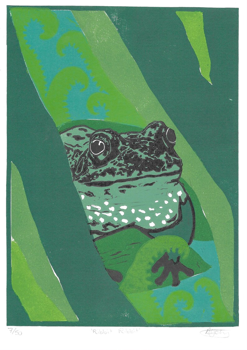 Frog Linocut Print | Ribbit Ribbit | Multi-colour Jigsaw Linoprint ...