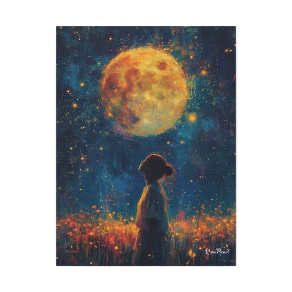 Enchanted Moonlight Canvas Art,Dreamy Floral Night Sky, Ethereal Full Moon Print,Romantic Starry Landscape Wall Decor,Celestial Nature Scene