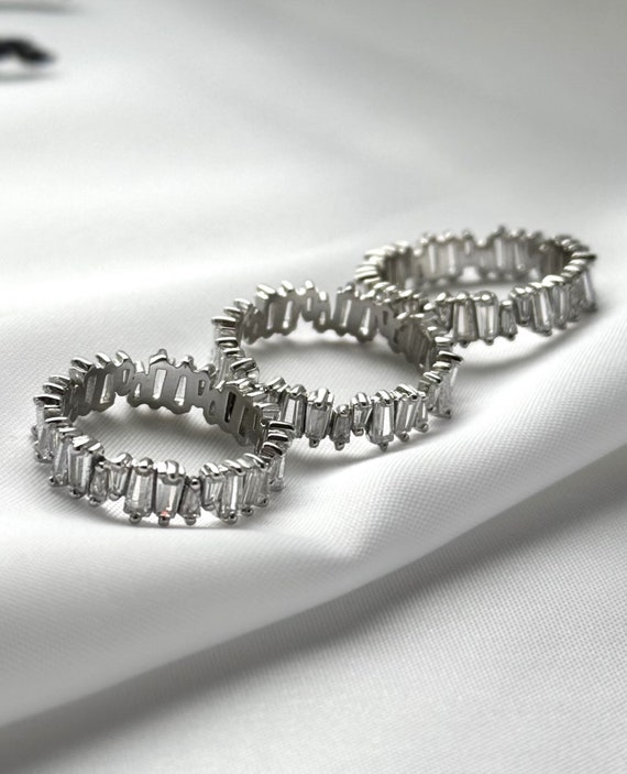 Verlobungsring, Baguette Ring, 925 Sterling Silber Ring, Eternity Ring, Statement Ring, Crystal Baguette Ring, Geschenk für sie