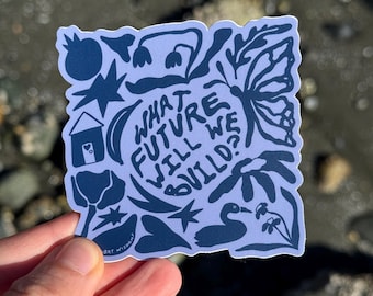 May include: A die-cut sticker with a light purple background and dark blue illustrations. The sticker features a butterfly, a house, a star, a swan, and the text "WHAT FUTURE WILL WE BUILD?"