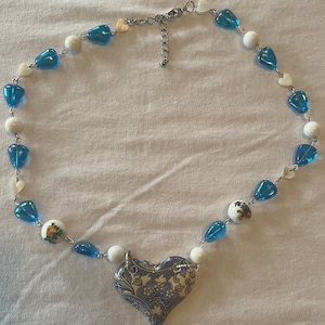 Blue upcycled heart Necklace with recycled porcelain heart