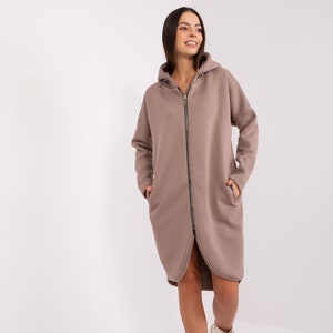 MIRA sweat jacket/coat, dark beige, long, warm, hoodie, high cotton content image 1