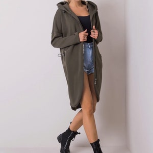 Mira sweat jacket/coat, long, khaki, warm, hoodie, high cotton content image 2