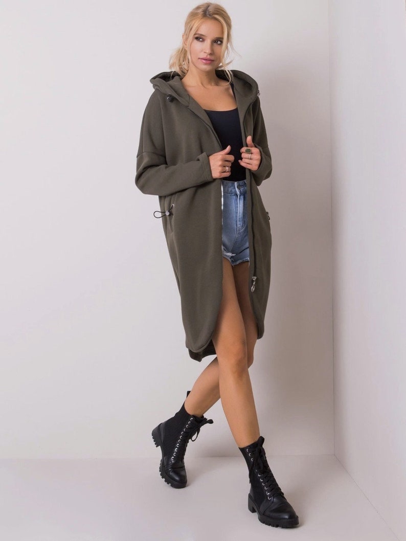 Mira sweat jacket/coat, long, khaki, warm, hoodie, high cotton content image 2