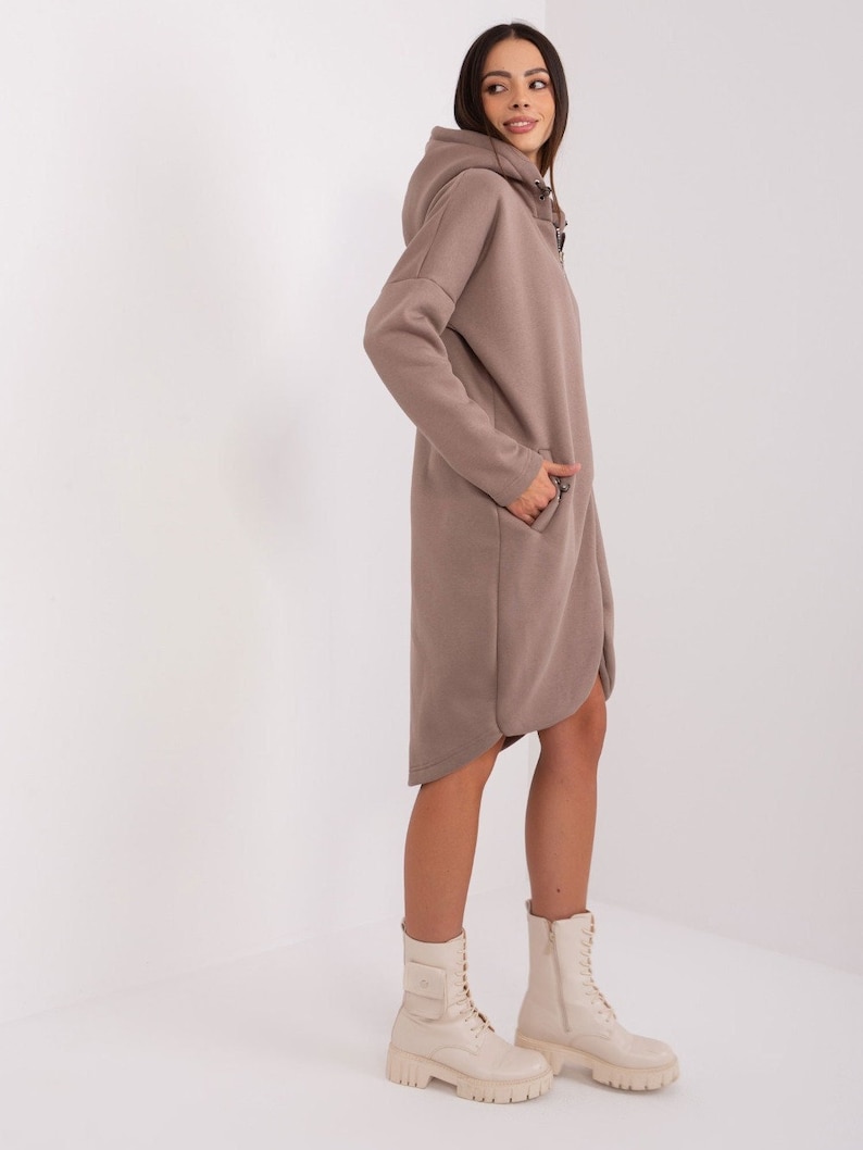 Veste/manteau sweat MIRA beige foncé, long, chaud, à capuche, haute teneur en coton image 2