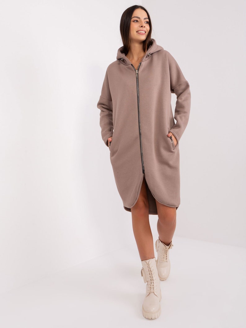 MIRA sweat jacket/coat, dark beige, long, warm, hoodie, high cotton content image 1
