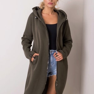 Mira sweat jacket/coat, long, khaki, warm, hoodie, high cotton content image 1