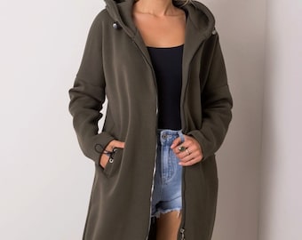 Sweatjacke/Mantel Mira, lang, Khaki, warm, Hoodie, hoher Baumwollanteil