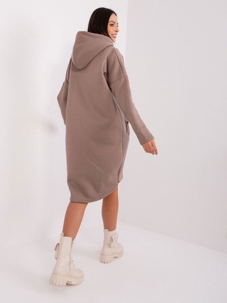 Veste/manteau sweat MIRA beige foncé, long, chaud, à capuche, haute teneur en coton image 5