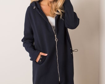 Veste/manteau sweat long Mira, bleu, sweat à capuche, haute teneur en coton, chaud