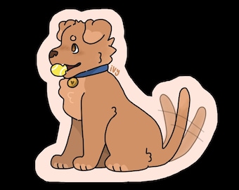 May include: A brown and white dog with a blue collar and a yellow tennis ball in its mouth. The dog is sitting on a pink background with the word "ivy" written on it.