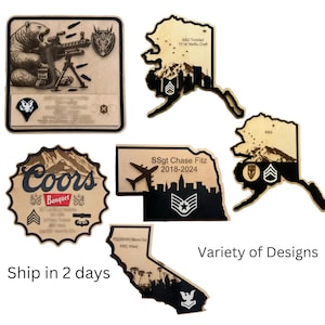 Presente militar exclusivo personalizado - Placa PCS - Estado-País-Base- Despedida - Presente de promoção ou aposentadoria - Todos os ramos - Variedade de designs