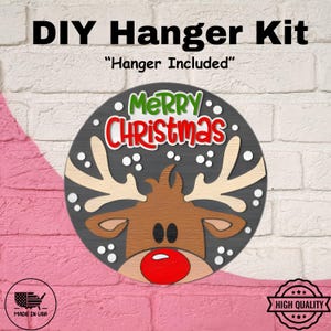 Rentier Frohe Weihnachten DIY Holzschild Kit • Unfertiger, geschliffener runder Türhänger • Weihnachtsbastelset • Laser geschnittenes Holzschild
