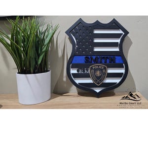 Custom Police Shield Wall Plaque - Personalized Thin Blue Line Design with Badge Number and Police Department Logo- First Responder