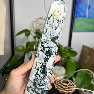 May include: A large, white and green moss agate crystal point. The crystal is polished and has a smooth, glassy finish. The moss agate is a natural stone with a unique pattern of green and white.