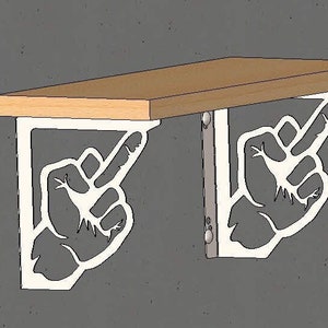 Puede incluir: Dos soportes de estante de metal blanco con forma de manos con un dedo apuntando hacia arriba, sosteniendo un estante de madera.