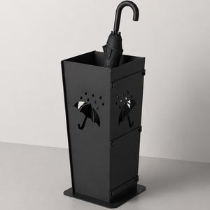 May include: A black metal umbrella stand with umbrella-shaped cutouts and a black umbrella inside. The stand is rectangular with a square base and is made of metal. The umbrella stand is a decorative and functional item.