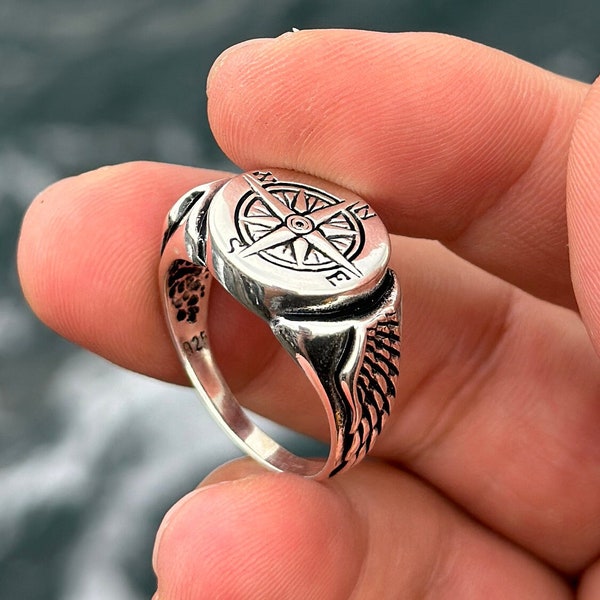 Sterling Silver Compass Ring, Wings Silver Ring, Sterling Silver Rings for Men, Journey Compass Ring, Nautical Rings, 925 Northstar Jewelry