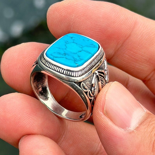 Anillo turquesa para hombre de plata de ley 925, anillo vintage de piedra turquesa, anillo de plata para hombre turquesa, anillo de piedra turquesa de plata esterlina
