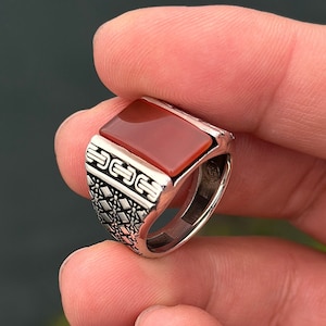 Sterling Silver Agate Ring, Natural Stone Jewelry for Men, Men Silver Ring, Gemstone Jewelry, Minimalist Silver Ring, Red Agate Jewelry