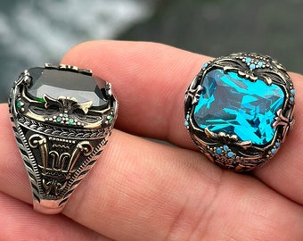Sterling Silver Mens Ring: Green Zircon or Blue Topaz Gemstone