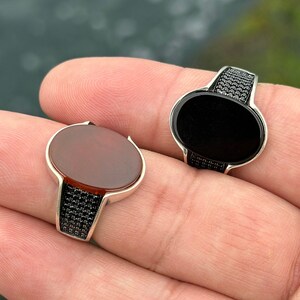 925 Sterling Silver Oval Onyx & Agate Ring for Unisex, Gemstone Ring, Black Stone Ring, Black Onyx Ring, Red Stone Ring, Agate Jewelry