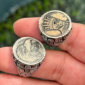 925 Sterling Silver Men Coin Ring, Signet Ring for Men, Pinky Ring, Silver Eagle Jewelry, Skeleton Ring, Sterling Silver Ring, Ring for Mens