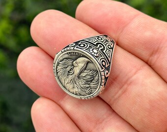 925 Sterling Silver Men Coin Ring, Signet Ring for Men