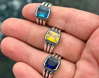 Sterling Silver Gemstone Ring: Blue Topaz, Citrine, Sapphire, Vintage Style