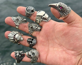 Sterling Silver Animal Symbol Ring: Eagle, Lion, Skull, Wolf