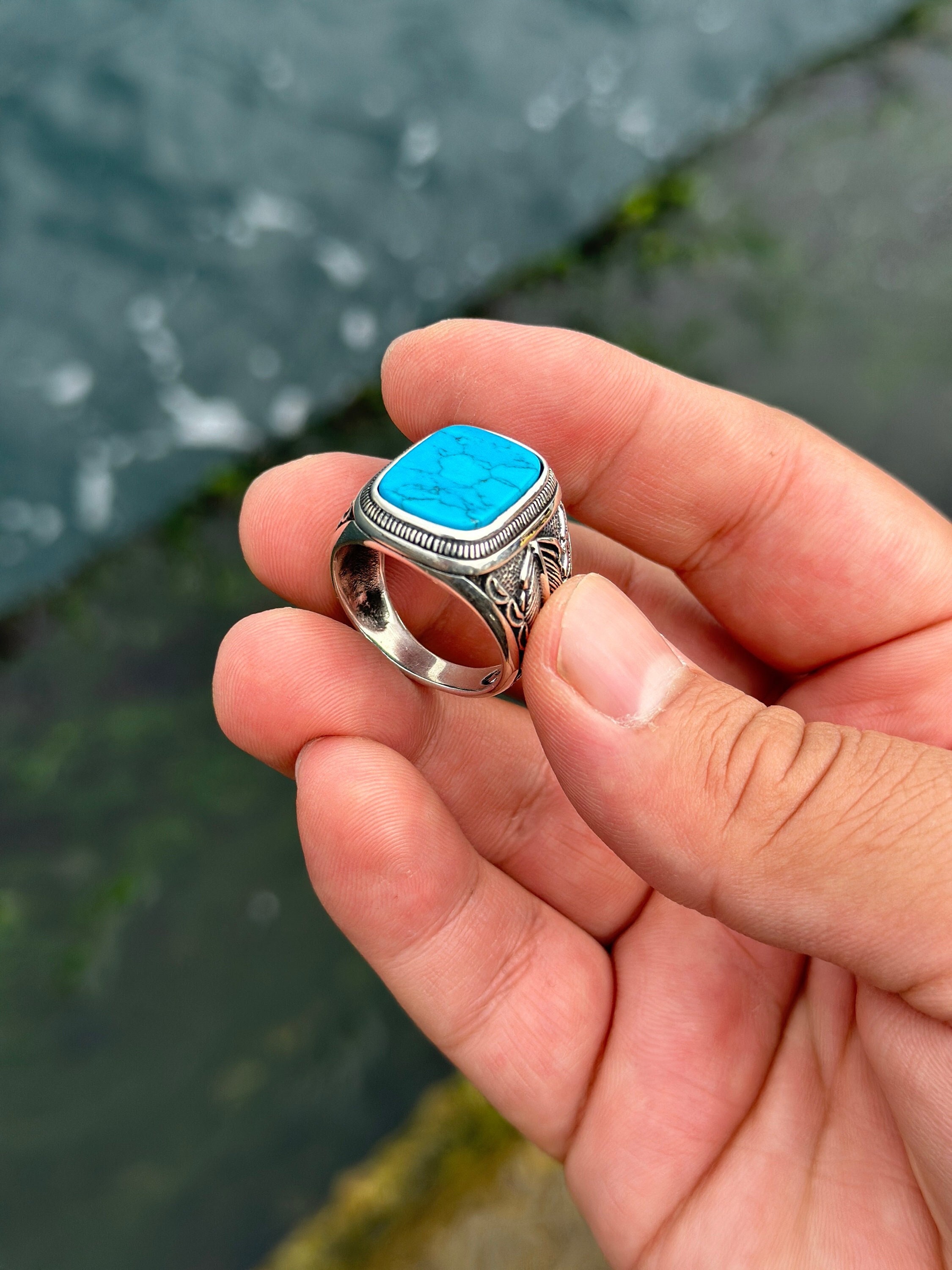 925 Sterling Silver Mens Turquoise Ring, Turquoise Stone Vintage Ring, Turquoise Men Silver Ring, Sterling Silver Turquoise Stone Ring