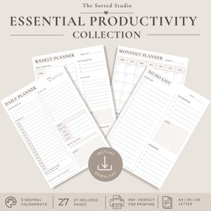 May include: A set of printable planner pages titled The Sorted Studio Essential Productivity Collection. Includes daily, weekly, and monthly planners with to-do lists, schedules, and trackers. The design is black text on a neutral background.
